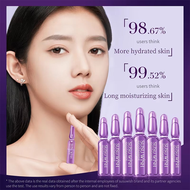 Woman holding a purple skincare ampoule with text on a purple background