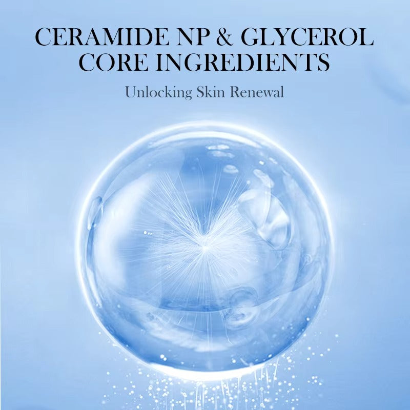 Advertisement for Ceramide NP & Glycerol core ingredients with a blue background and a glowing sphere.