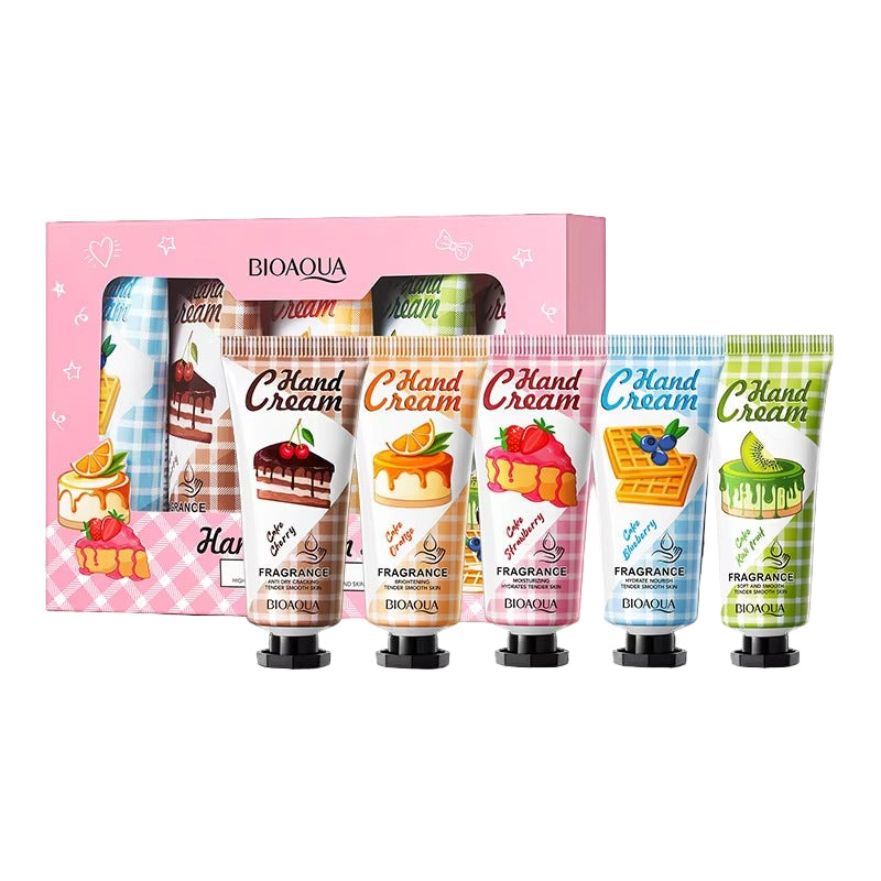 Set of Bioaqua hand cream packaging with cake design labels on a white background