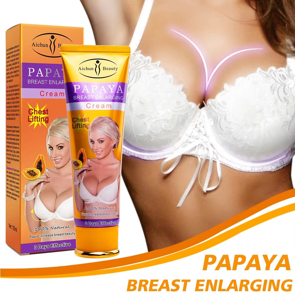 Papaya breast enlarging cream packaging with a woman in a white bra.