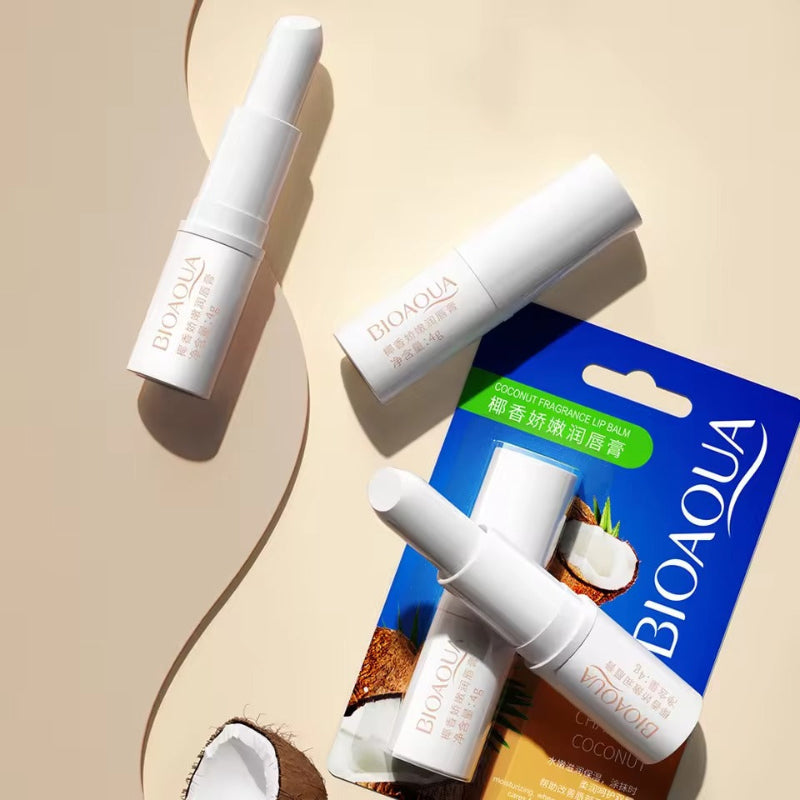 Bioaqua skincare products including lip balm and serum on a beige background