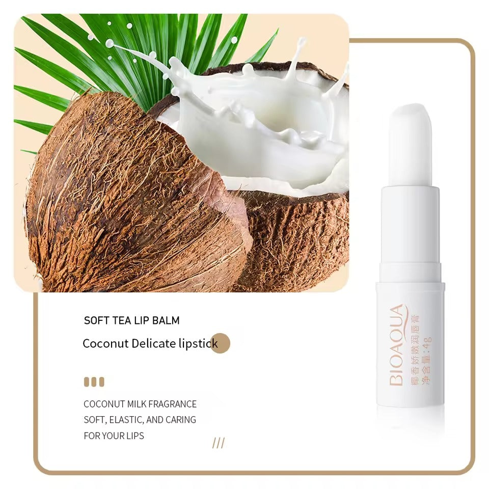 Bioaqua soft tea lip balm with coconut and milk elements on packaging