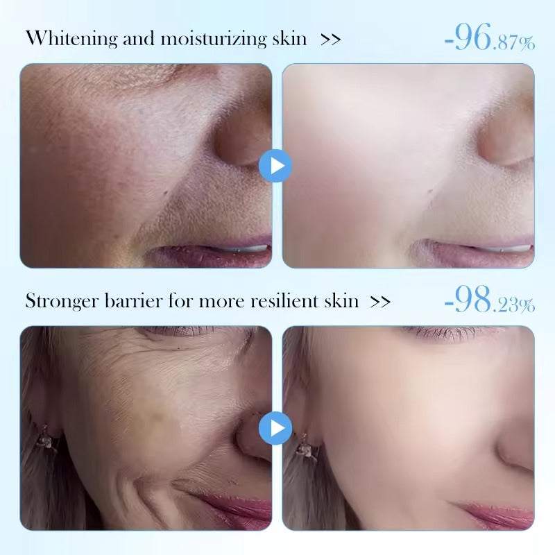 Before and after comparison of skin whitening and moisturizing with numerical percentages shown.