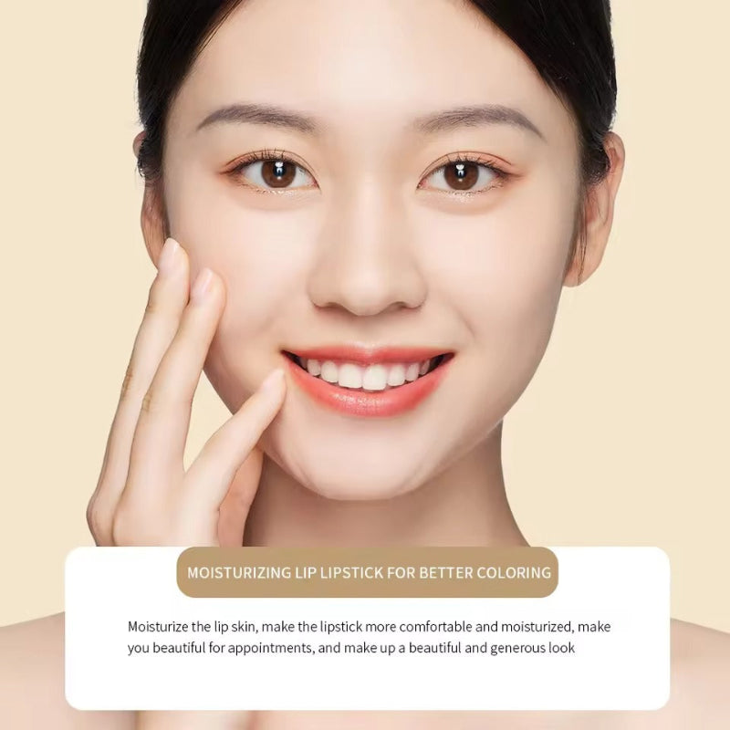 Woman with a moisturizing lip lipstick on a beige background