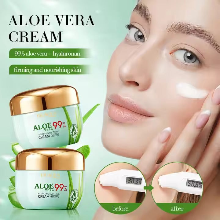 Aloe vera cream packaging with a woman applying cream to her face, showing before and after effects.