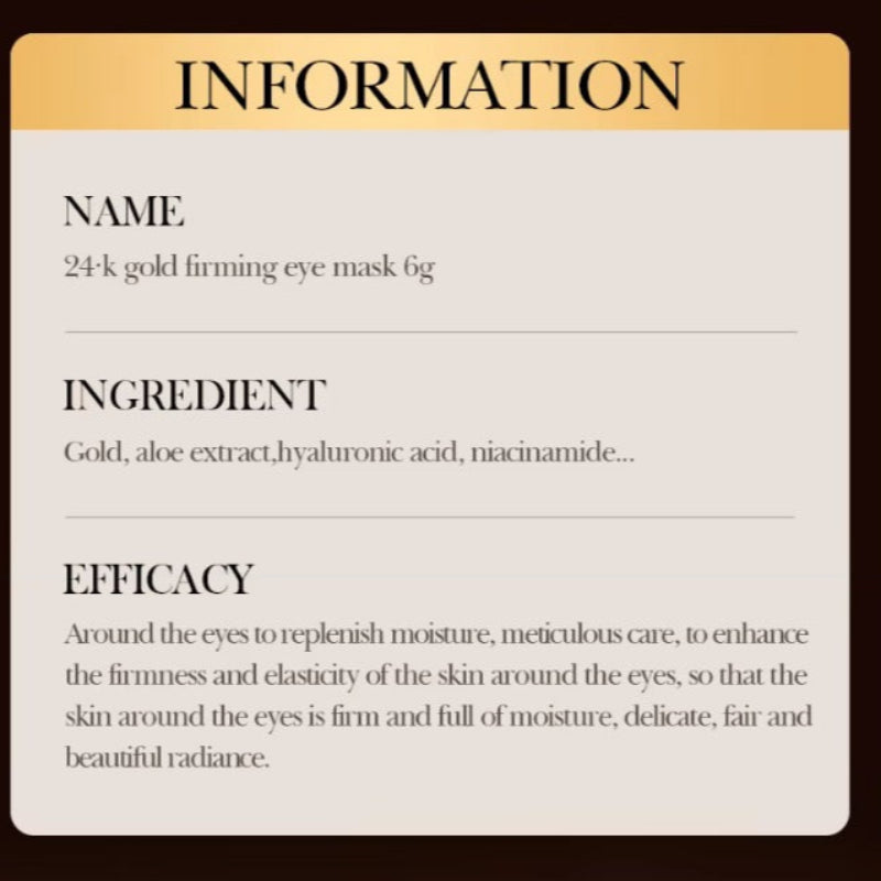 Product information card for a 24k gold firming eye mask with name, ingredient list, and efficacy description.