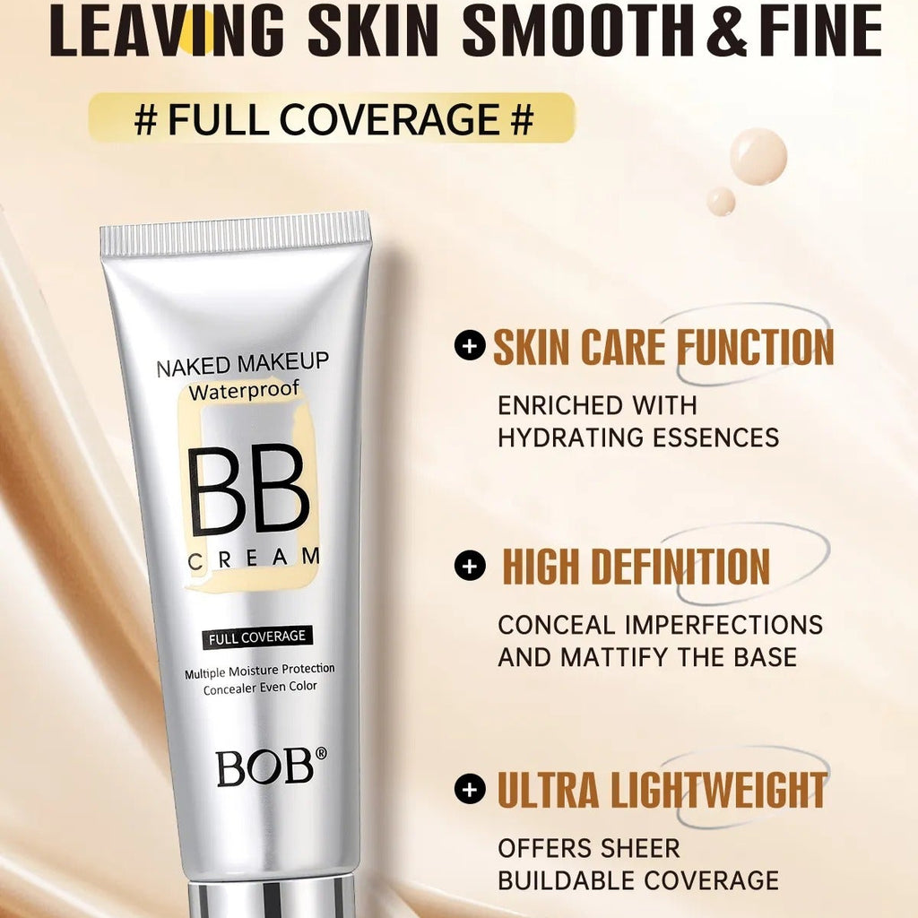BB cream tube with text highlighting features on a beige background