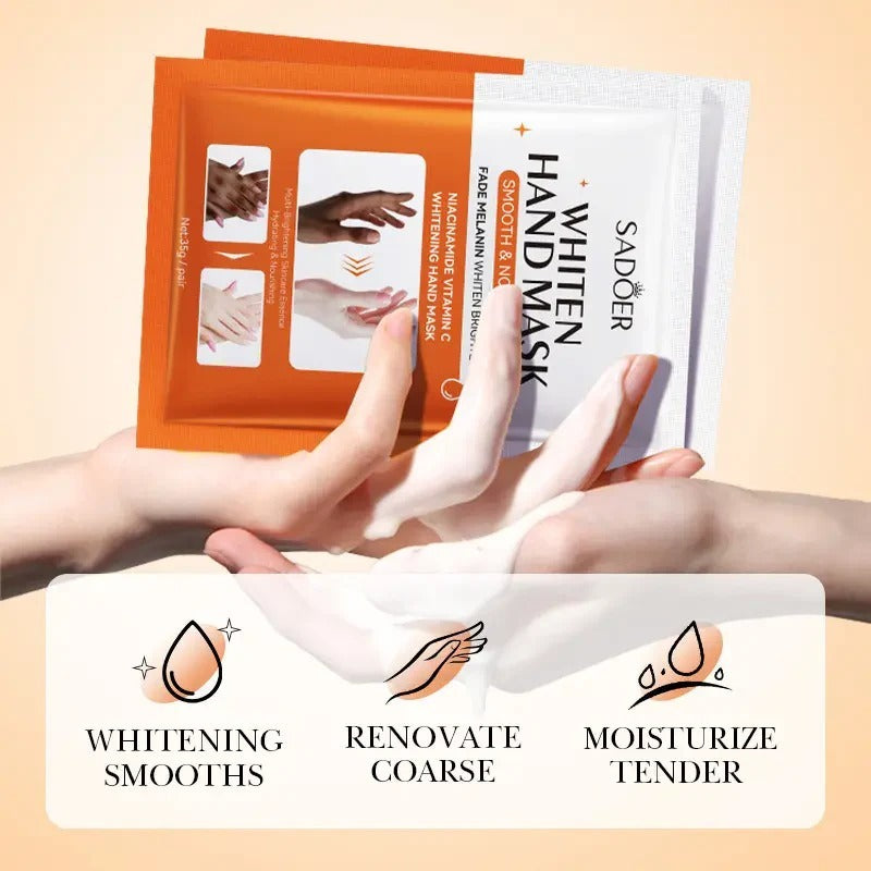 Hand mask packaging with hands holding a mask sheet, labeled for whitening, renovating, and moisturizing.
