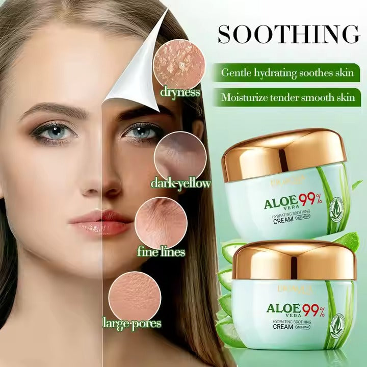 Cosmetic cream packaging with a woman's face showing skin issues and aloe vera branding.