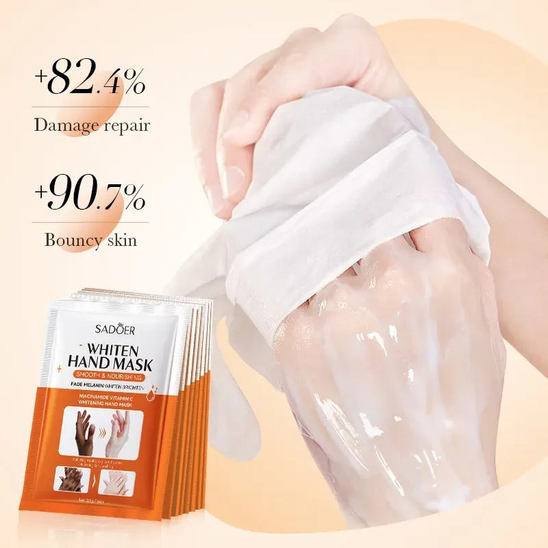 Hand using a whitening hand mask with product packaging and text on damage repair and bouncy skin.