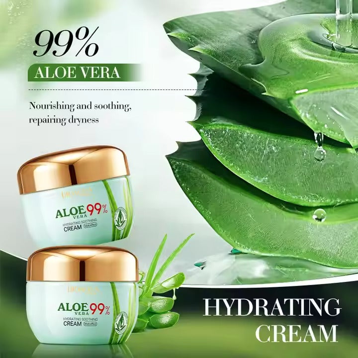 Aloe vera hydrating cream with aloe vera leaves and text on a white background