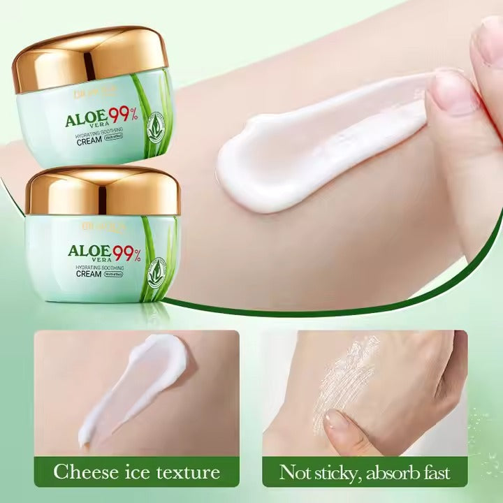 Aloe vera cream with application on skin, showing texture and absorption.