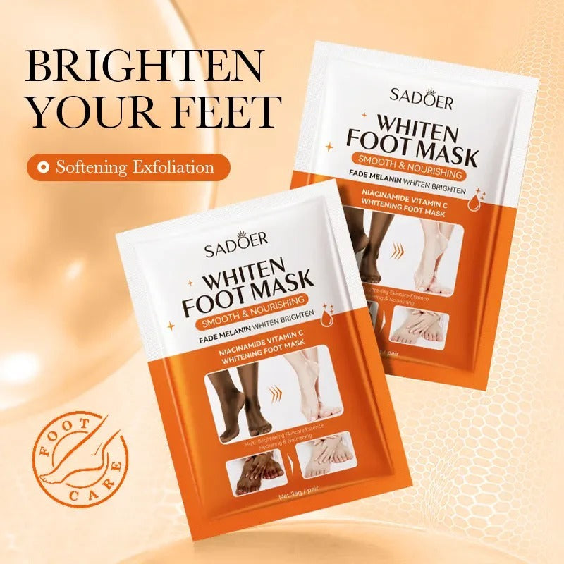 Two Sadoer whitening foot mask packages on a beige background with text 'Brighten Your Feet'.