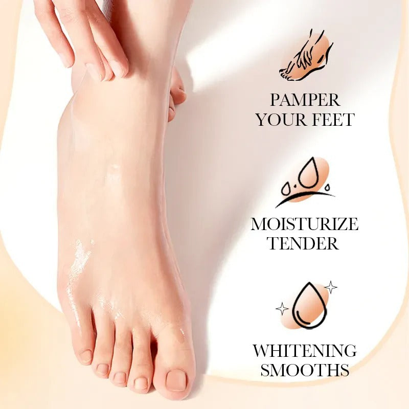 Person applying moisturizer to their foot with text about pampering, moisturizing, and whitening.