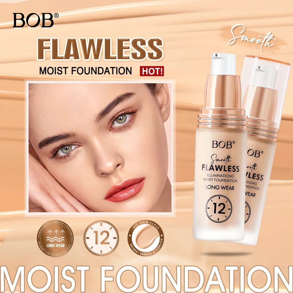 BOB Flawless Moist Foundation advertisement with a close-up of a face and product packaging.