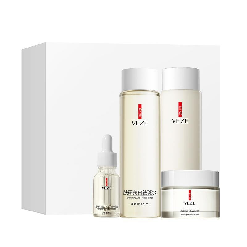 VEZE skincare product set including bottles and a box on a white background