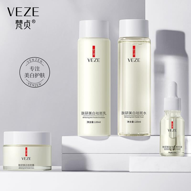 VEZE skincare product set on a gray background