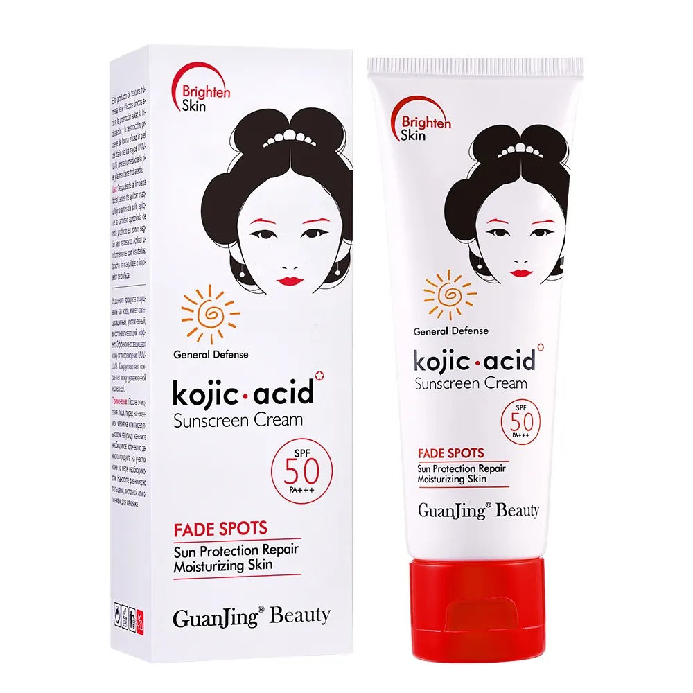 Kojic acid sunscreen cream packaging with a woman's face on a white background