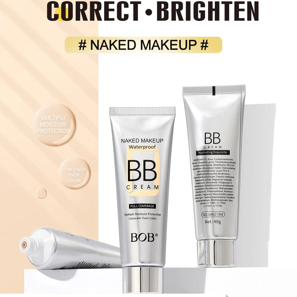 BB cream packaging with 'Correct, Brighten' text and '#Naked Makeup#' hashtag on a beige and white background.