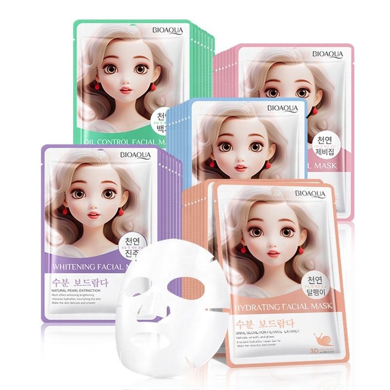 Collection of BIOAQUA facial masks with cartoon character packaging on a white background