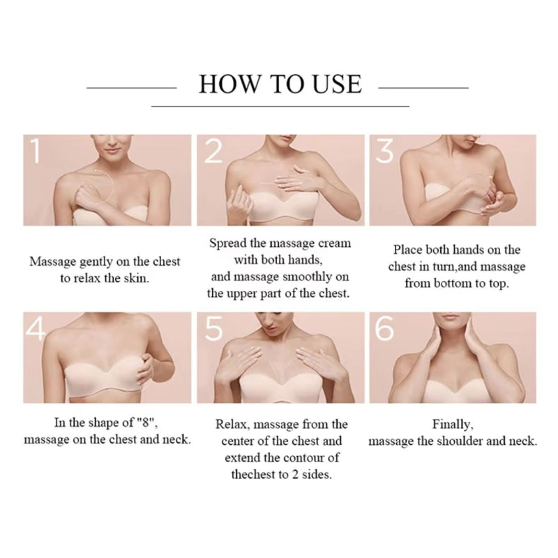 Step-by-step guide on how to use a massage cream for chest and neck, with images of a person performing the actions.