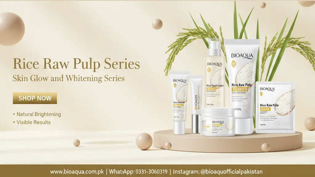 Bioaqua Rice Raw Pulp Series skincare products on a beige background with text and contact information.