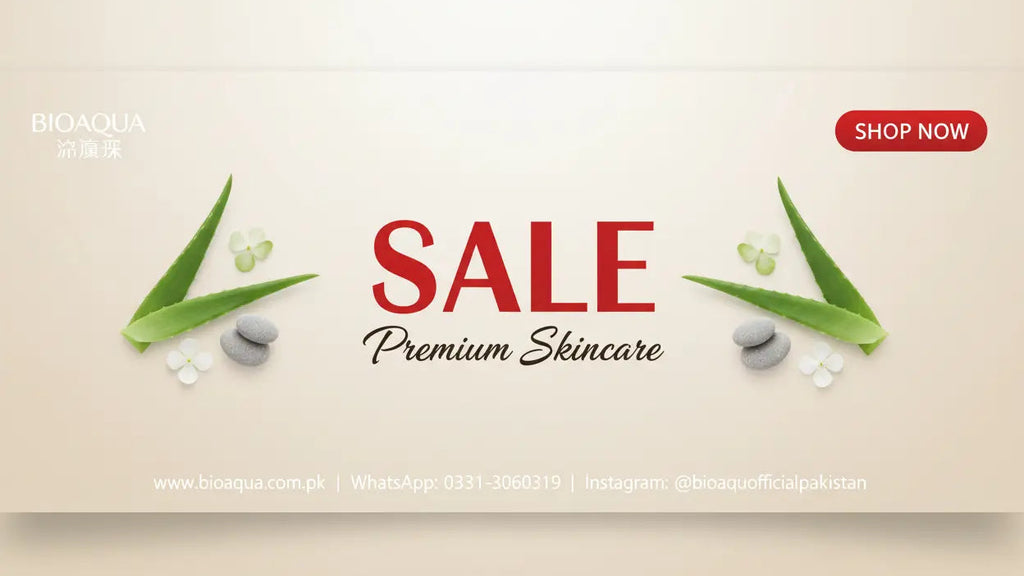 Advertisement for skincare sale with green leaves and stones on a beige background