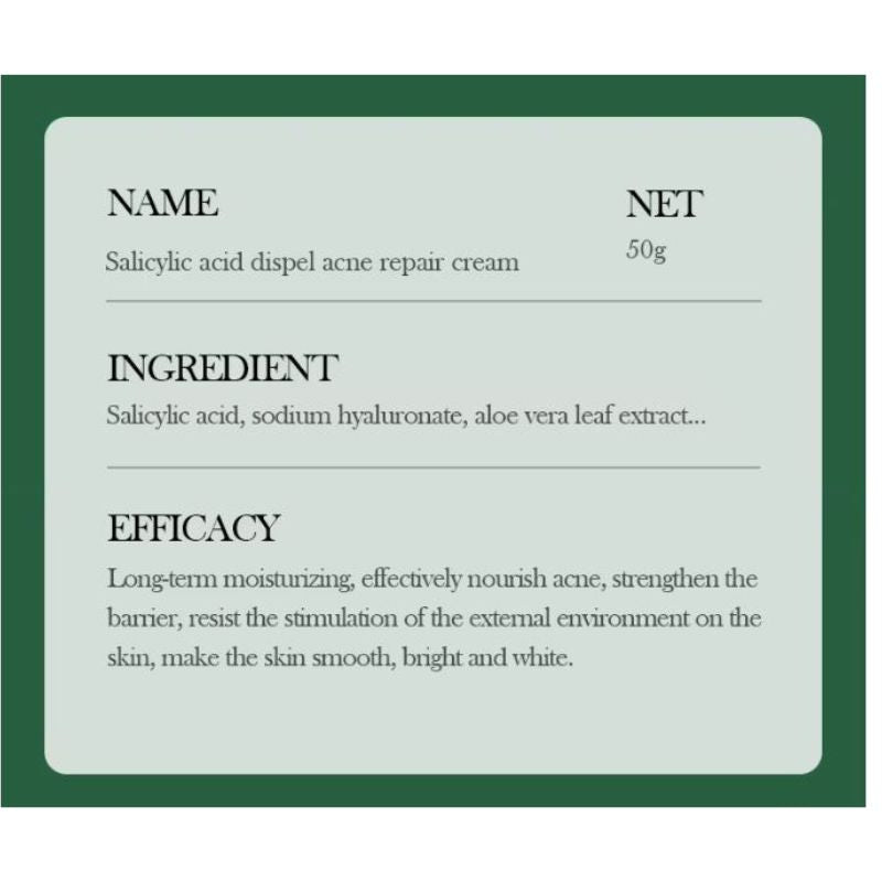 Product label for Salicylic acid dispel acne repair cream with details on name, net weight, ingredients, and efficacy.