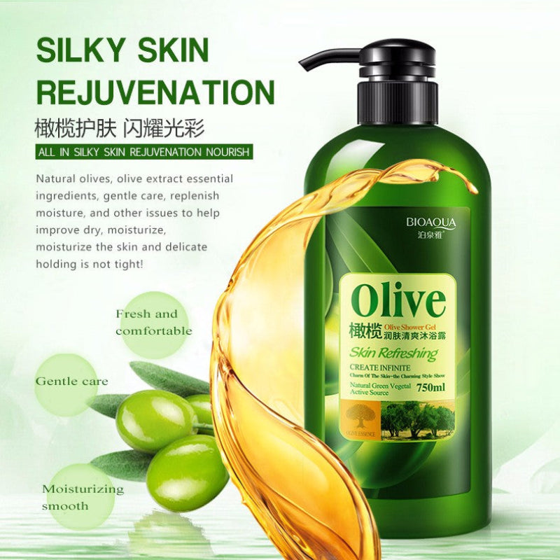 Olive-based skincare product with pump bottle and green leaves on a white background