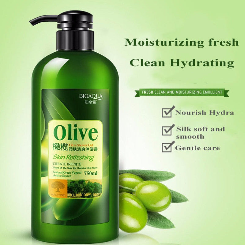 Green bottle of olive-based skincare product with text on a green background
